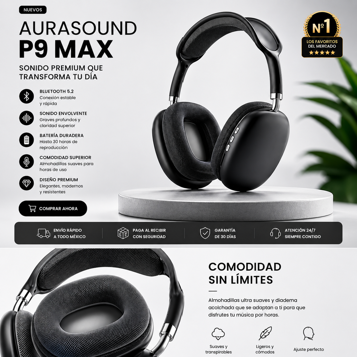 AuraSound P9 Max® - Audífonos Bluetooth Premium