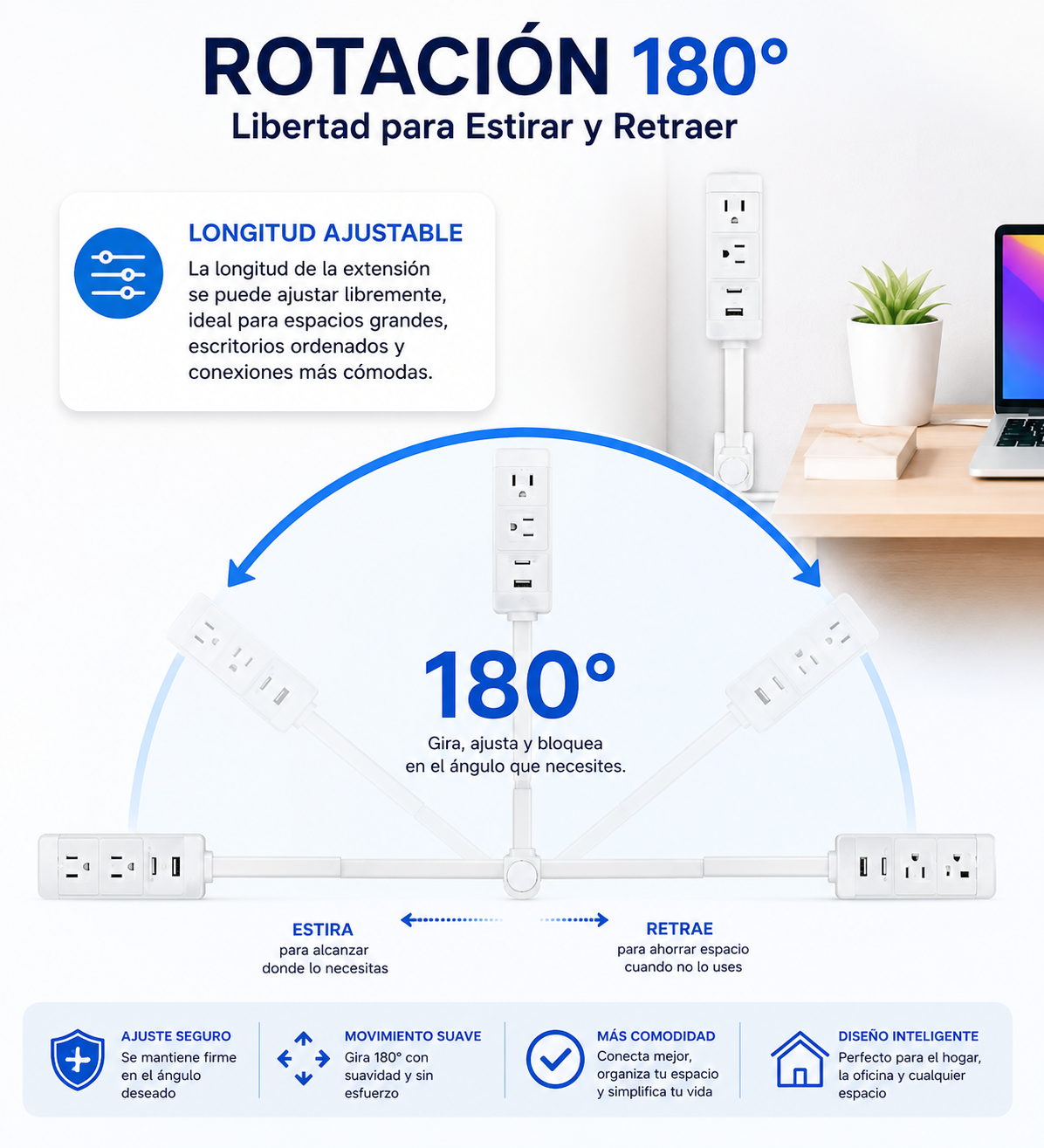 FlexiEnchufe™ 180° - Extensión Giratoria que Aprovecha Cada Centímetro de tu Hogar