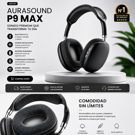 AuraSound P9 Max® - Audífonos Bluetooth Premium