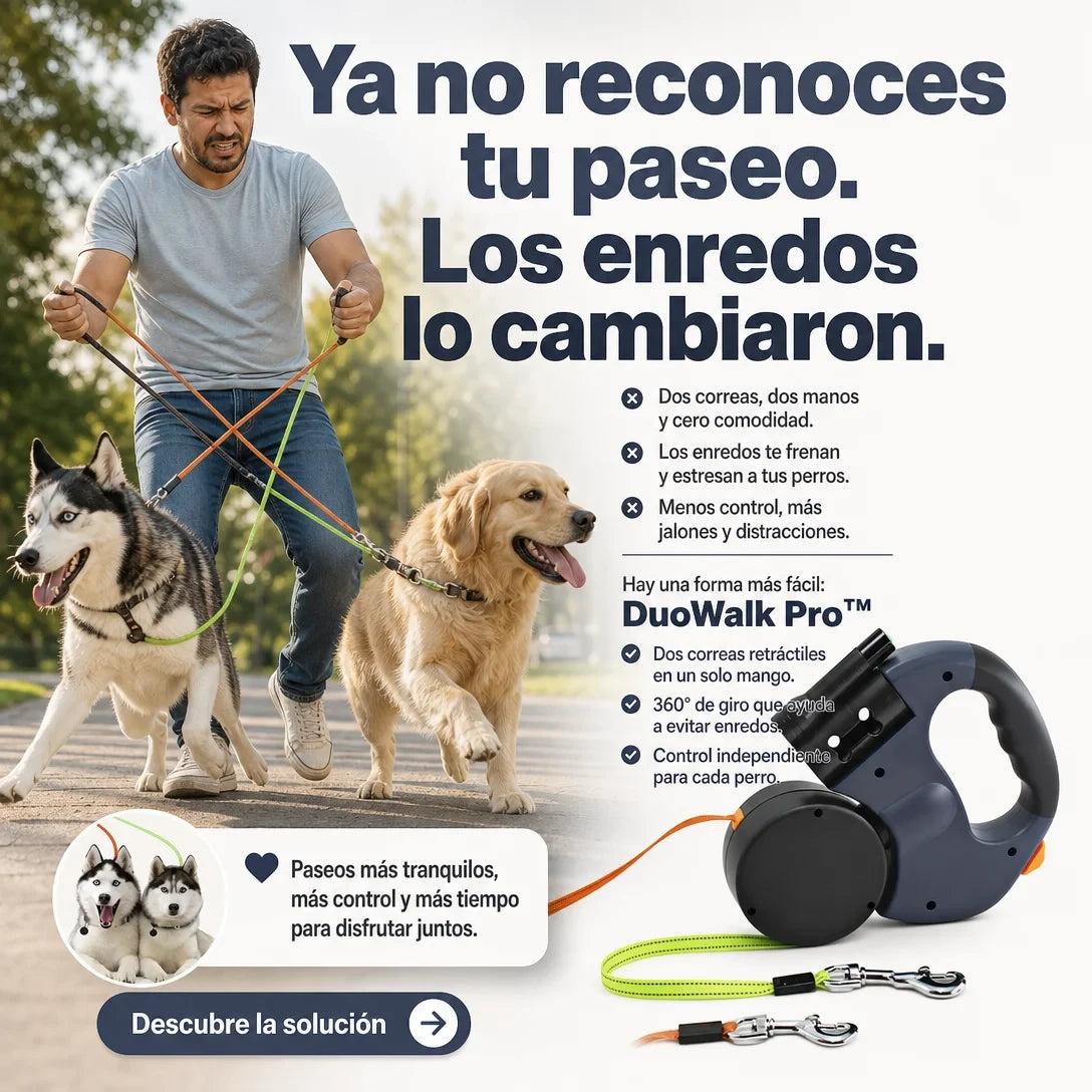 DuoWalk Pro™ - Correa Retráctil Doble con Giro 360° para Perros