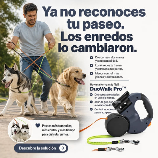 DuoWalk Pro™ - Correa Retráctil Doble con Giro 360° para Perros